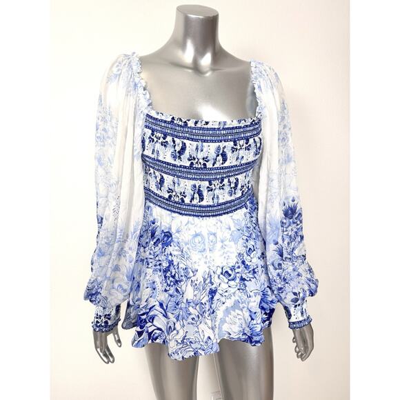 Camilla Tops - Camilla Silk Blouse Puff Sleeve Blue Floral Women’s Medium